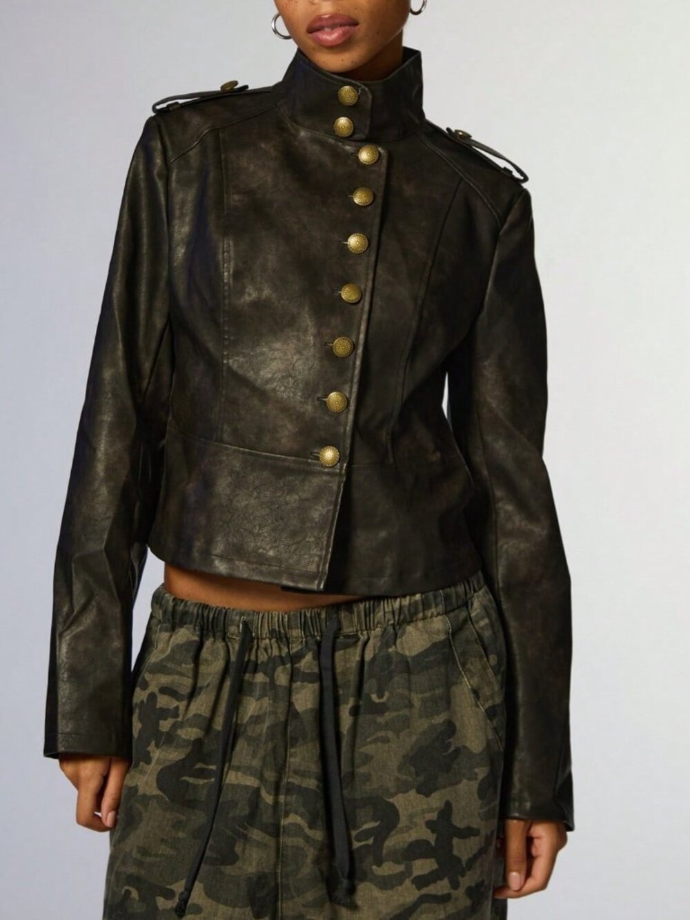 Black Casual Women's High Neck Faux Leather Jacket